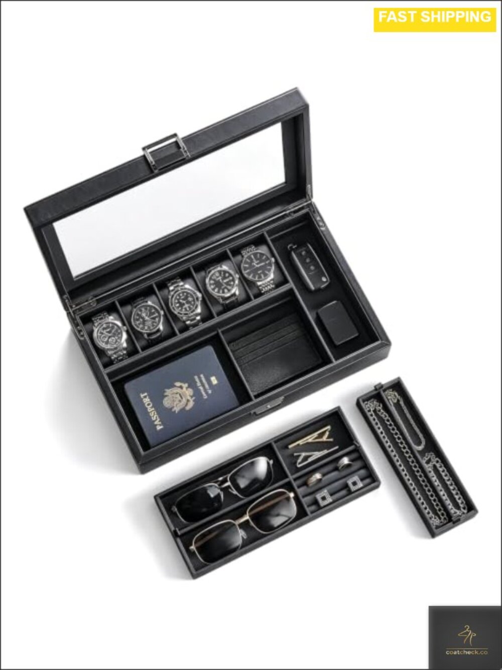 5-Slot Watch Display Case Jewelry Organizer Wood PU Leather Glass Lid
